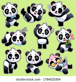 Juego de pegatinas con pandas adorables. Osos adorables y cutáneos en diferentes poses y emociones, comiendo tallo de bambú y riendo, jugando y durmiendo, vectores de caricatura plana colección de niños