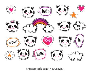 Set of stickers with cute pandas and bubbles. Badges for clothing. Doodles, sketch for your design. Hand drawing. Vector.