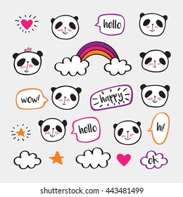 Set of stickers with cute pandas and bubbles. Badges for clothing. Doodles, sketch for your design. Hand drawing. Vector.