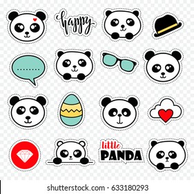 Set of stickers with cute pandas and bubbles. 