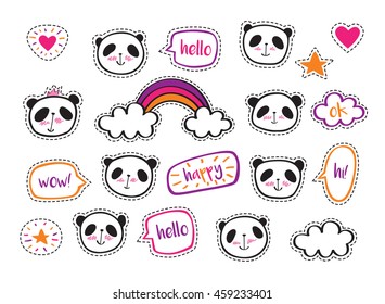 Set of stickers with cute pandas, hearts, stars and bubbles. Badges for clothing. Doodles, sketch for your design. Hand drawing. Vector.