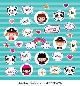 Set of stickers with cute pandas, kids and bubbles. Badges for clothing. Doodles, sketch for your design. Hand drawing. Vector.