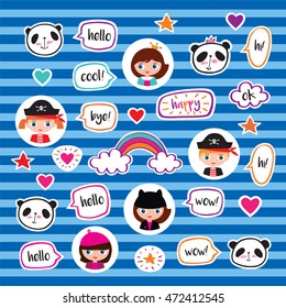 Set of stickers with cute pandas, kids and bubbles. Badges for clothing. Doodles, sketch for your design. Hand drawing. Vector.