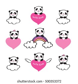 Set of stickers with cute pandas, rainbow, clouds and hearts. Badges for clothing. Doodles, sketch for your design. Hand drawing. Vector.