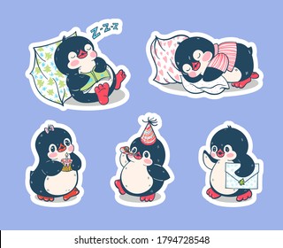 A set of stickers with cute Penguins isolated from the background. Vector illustration.