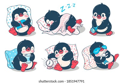 Un conjunto de stickers con lindos pingüinos aislados del fondo. Ilustración vectorial.