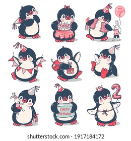 A set of stickers with cute Penguins isolated from the background. Birthday.  Vector illustration.