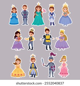 A set of stickers of cute princesses, princes and knights.
