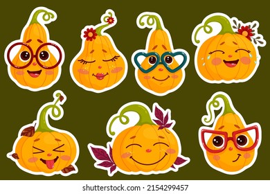 Set of stickers cute pumpkins,autumn characters.Cartoon vector graphics.