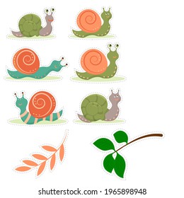 Set stickers cute snail cartoon, isolated on white background. Vector flat illustration.