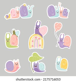 Set of stickers cute snails. Decorative snail characters on rainbow, under leaf and with balloon, family with baby and pair of insects in love. Vector illustration. Isolated elements for design, decor