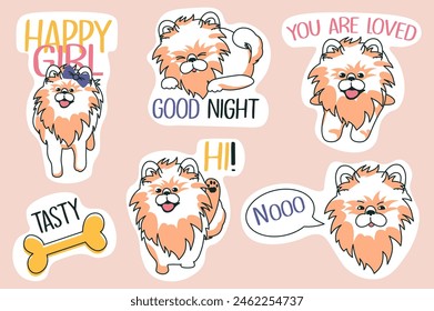 Set of stickers Cute Spitz in flat cartoon design. These beautiful, bright stickers illustrate a funny little Spitz saying hi, good night, etc. Vector illustration.