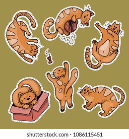 set of stickers with cute stylized cats, iced elements of design, multicolored on green background, sketches hand drawing, vector illustration