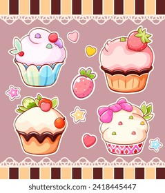 Set of stickers with cute sweet desserts in kawaii style. Cake, muffin and cupcake with whipped cream, cherry and strawberry. Vector illustration EPS8