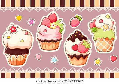 Set of stickers with cute sweet desserts in kawaii style. Cake, muffin and cupcake with whipped cream, cherry and strawberry. Vector illustration EPS8