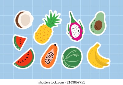 Set of stickers with cute tropical fruits. Summer exotic pineapple, watermelon, banana, coconut, dragon fruit, papaya, avocado. Vector colorful illustration