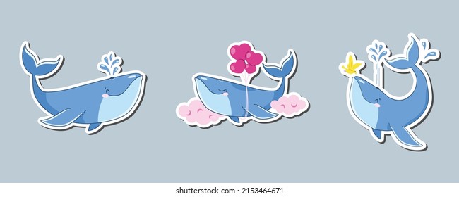 set of stickers with cute whales