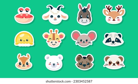 Set of stickers of cute wild animals faces, weasel, hyena, bear, squirrel, raccoon, giraffe, jellyfish, gazelle, donkey, goat, crab, flat vector illustration 
