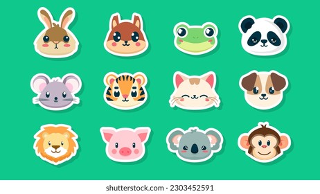 Set of stickers of cute wild animals faces, hares, squirrel, frog, panda, mouse, tiger, cat, dog, Lion, pig, koala, monkey, flat vector illustration 

