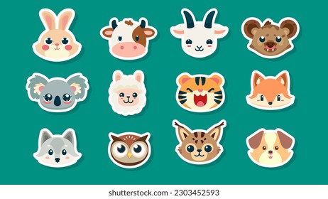 Set of stickers of cute wild animals faces, rabbit, cow, goat, hyena, koala, Llama, tiger, fox, wolf, owl, lynx, dog, flat vector illustration 
