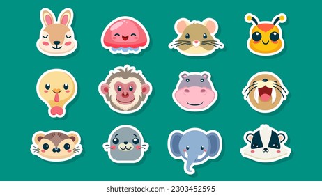 Set of stickers of cute wild animals faces, kangaroo, Lamp, mouse, hamster, bee, wasp, turkey, baboon, hippopotamus, seal, Weasel, elephant, skunk, flat vector illustration 

