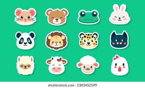 Conjunto de stickers de lindos rostros de animales salvajes, ratón, hámster, rana, conejo, panda, león, chita, murciélago, Llama, vaca, oveja, pollo, leopardo, ilustración plana vectorial 

