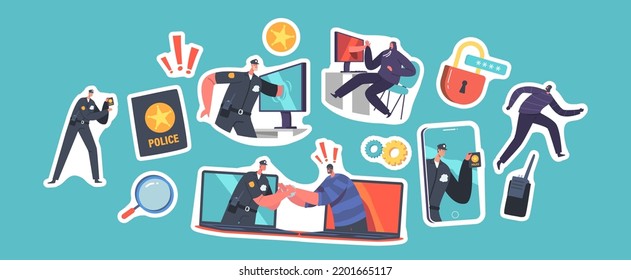 Set of Stickers Cyber Police Concept. Policeman Character Catching Robber through Computer or Smartphone Screen. Information and Private Data Protection Service, Law Defence. Cartoon Vector Patches