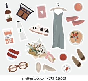 A set of stickers for a daily planner with clothes, cosmetics, food, shoes and everyday different things for girls. Trendy flat vector stickers for planner or diary for the modern conscious girl.