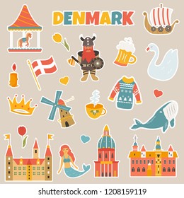 Set of stickers of danish famous places, symbols, characters, animals