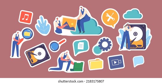 Set of Stickers Data Recovery, Backup and Protection, Hardware Repair Service. Characters in Worker Uniform Fix Broken File, Cloud Storage, Magnifier. Cartoon Vector Illustration, Isolated Patches