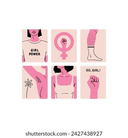 A set of stickers dedicated to feminism. Stylish and vector illustrations for International Women's Day. Badges for women's rights and equality.		