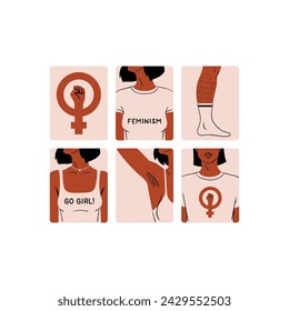 A set of stickers dedicated to feminism. Stylish and vector illustrations for International Women's Day. Black and Latino-American girls for women's rights. Badges for women's rights and equality. 