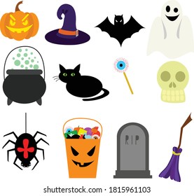 Set of stickers dedicated to Halloween, made in vector: pumpkin, witch hat, bat, Ghost, cauldron, cat, Lollipop, skull, spider, basket of sweets, grave and broom