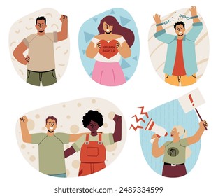 Set of stickers in defense of human rights. Illustrations of activists clenching their fists, broken chains and megaphones. Vector images for symbolic support of human rights.