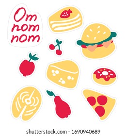 Set of stickers of delicious food. Variety of dishes. Hand-drawn icons. Inscription Om nom nom.