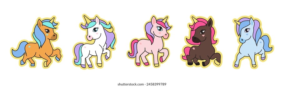 A set of stickers depicting colorful cute unicorns isolated on a white background.  Unicorns are made in cartoon style. Can be used to print on t-shirts, fashionable design. Vector illustration