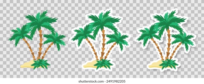 A set of stickers depicting palm trees and sand on a transparent background. Icons with the image of a palm tree. Fashionable design in the style of pop art of the 80s. Vector illustration of EPS 10.