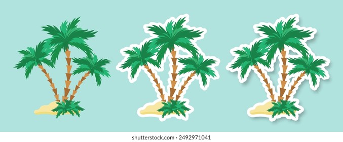 A set of stickers depicting palm trees and sand on a blue background. Icons with the image of a palm tree. Fashionable design in the style of pop art of the 80s. Vector illustration of EPS 10.