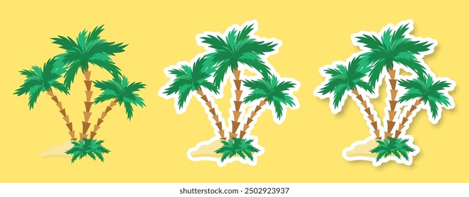 A set of stickers depicting palm trees and sand on a yellow background. Icons with the image of a palm tree. Fashionable design in the style of pop art of the 80s. Vector illustration of EPS 10.