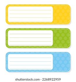 Set stickers for design. Empty template. Name tags, gift labels. Perfect for folders, daily journals, notebooks, lunch bags, pencil boxes. Rectangular label. Color vector isolated illustration.