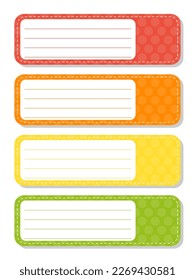 Set stickers for design. Empty template. Name tags, gift labels. Perfect for folders, daily journals, notebooks, lunch bags, pencil boxes. Rectangular label. Color vector isolated illustration.