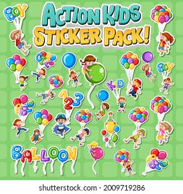 Set of stickers design with kids doing different activities illustration