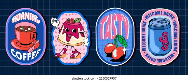 A set of stickers with desserts and drinks. With text and textures on a blue background.