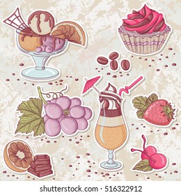 A set of stickers with desserts, sweets, fruit and drinks. Vector vintage illustration on grunge background. Elements for menu, cafes, restaurants
