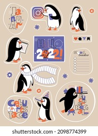 
set of stickers for diary in german with penguins