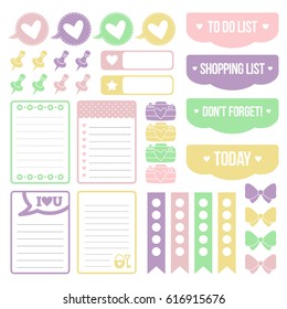 Set of stickers for diary. Icons and signs for decoration scrapbook, wrapping, planning and notebooks. Vector illustration.