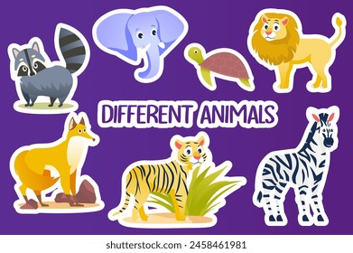 Set of stickers Different animals in flat cartoon design. This illustration depicts animals of different types: a raccoon, an elephant, a turtle, a lion, a fox, a tiger, a zebra. Vector illustration.