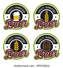 Set of stickers with different beer icons and text on a white background