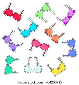 Set of stickers different bras on a hanger. Vector illustration.