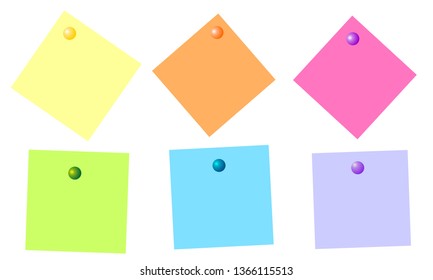 Set of stickers of different colors pinned  on a white background. Vector graphic illustration.